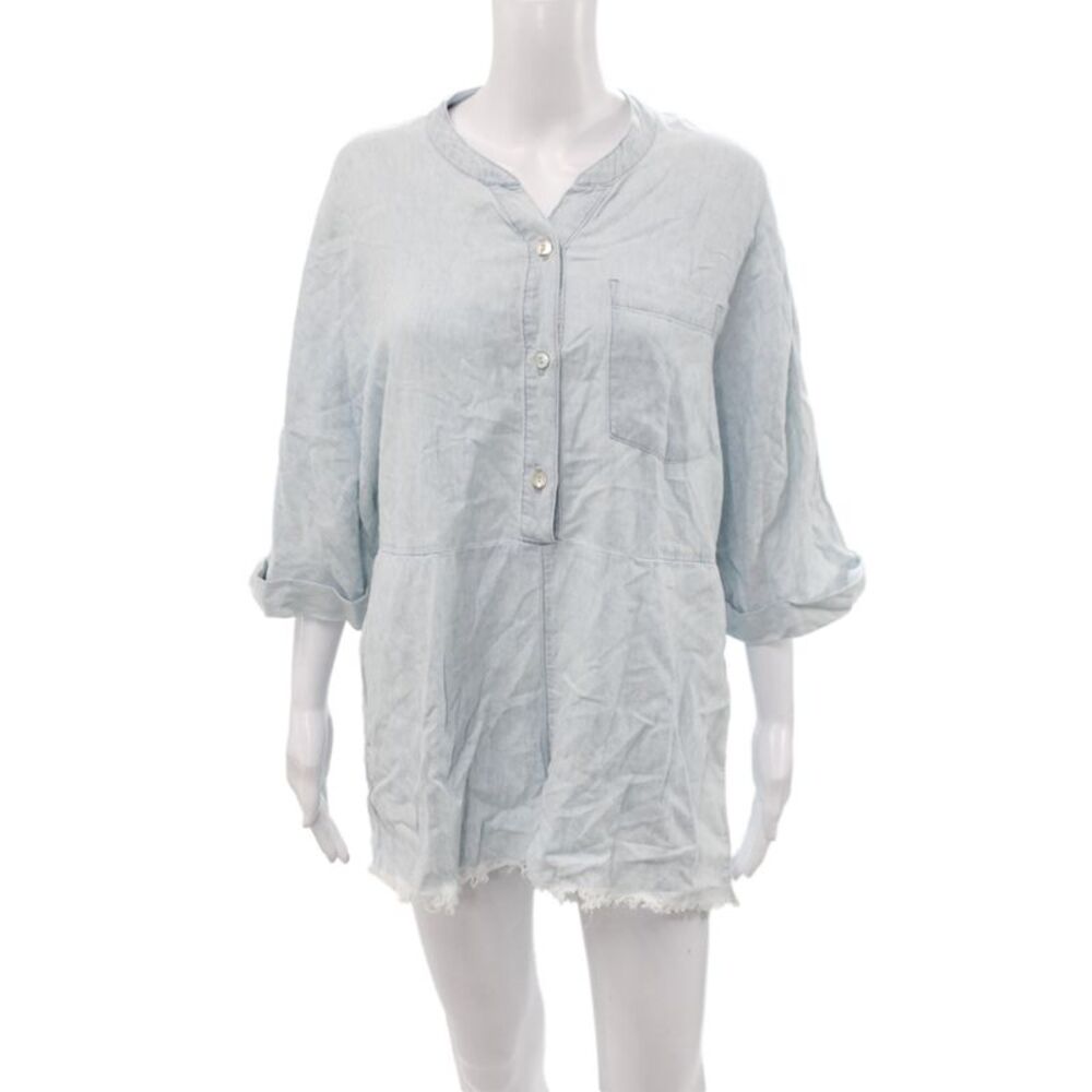 Show Me Your Mumu Womens Blue Henley Romper 3/4 Sleeve Button Lyocell Size XS